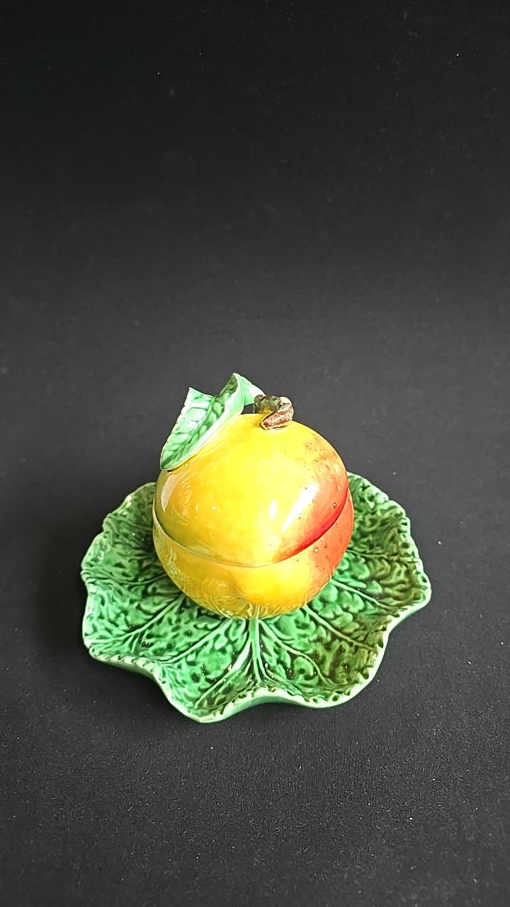 Bordallo Pinheiro Apple Sauce Pot with Saucer and Lid, Made in Portugal, Majollica Glaze, Preserve Pickle Sauce or Jam