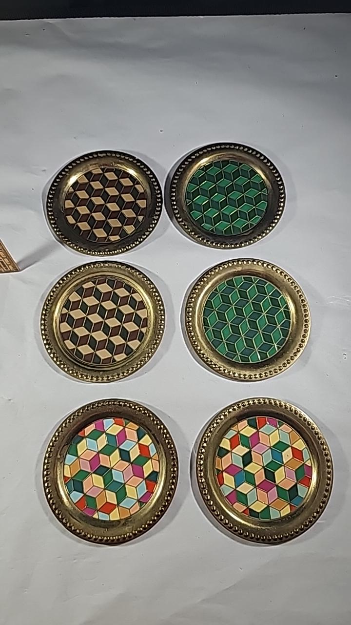 Vintage set av förgylld metall och emalj sex glasunderlägg, Sverige 1970-talet